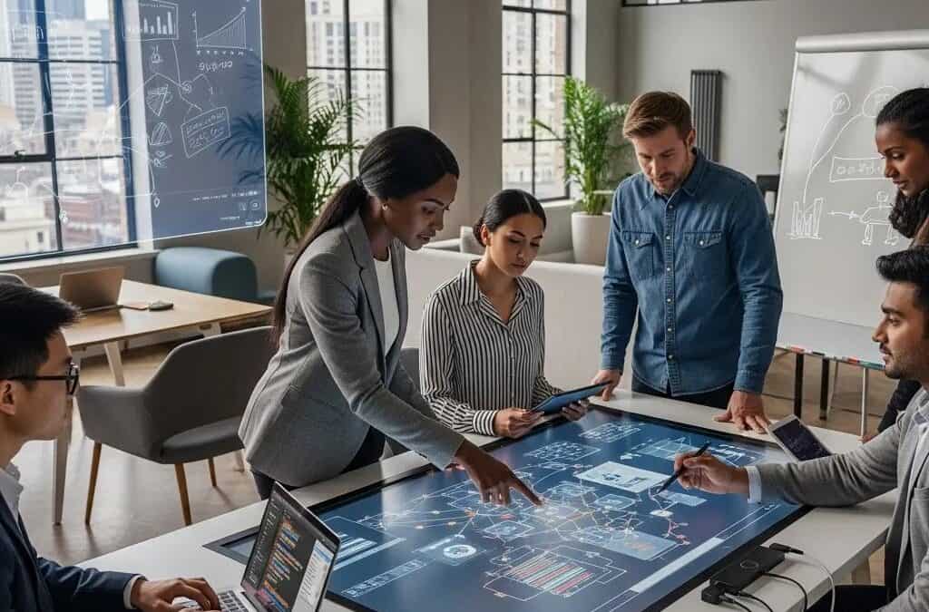 Business professionals collaborating on managed IT services in a modern office