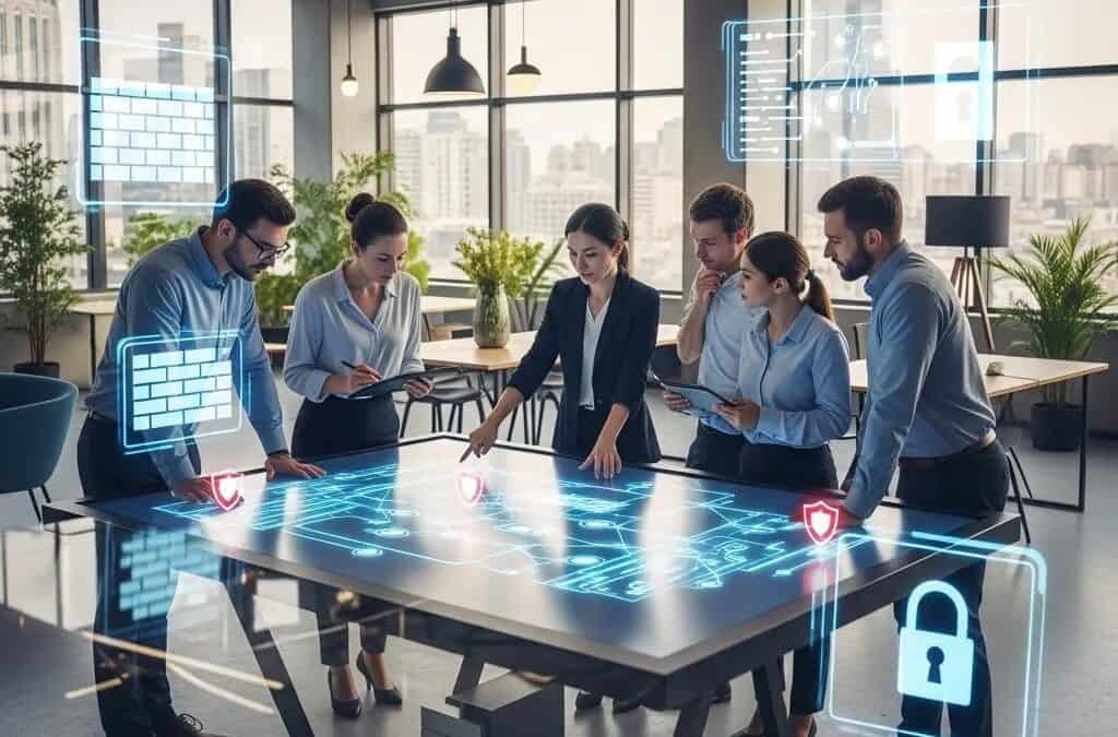 Business professionals collaborating on network security solutions in a modern office