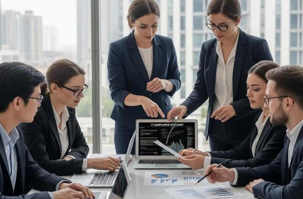 Business professionals discussing IT compliance and cybersecurity in a modern office