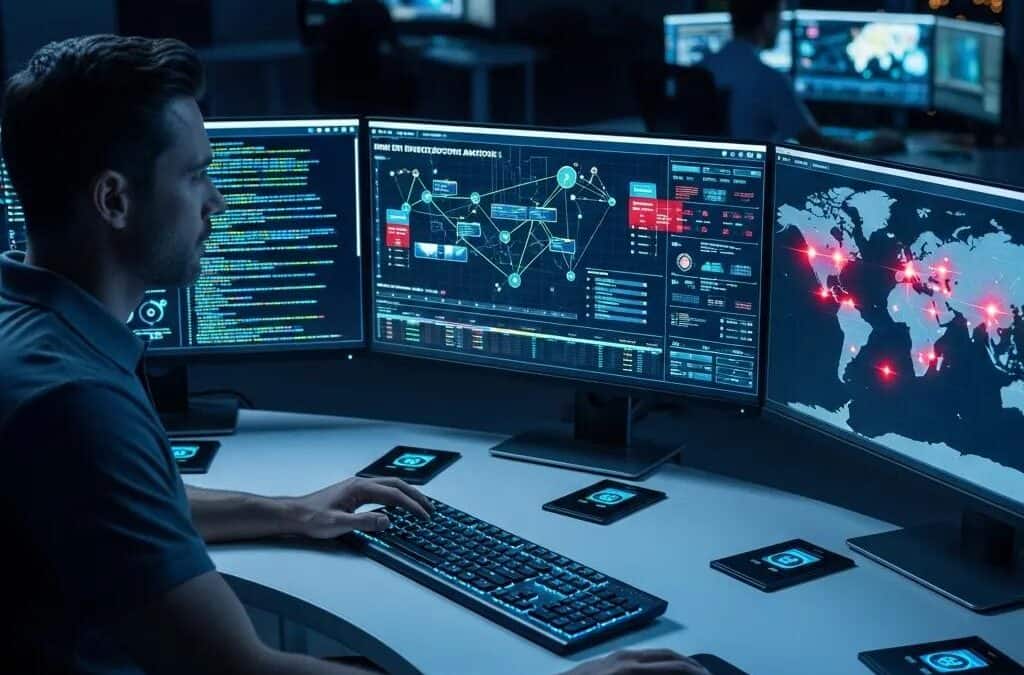 Cybersecurity professional monitoring endpoint detection and response analytics in a high-tech environment