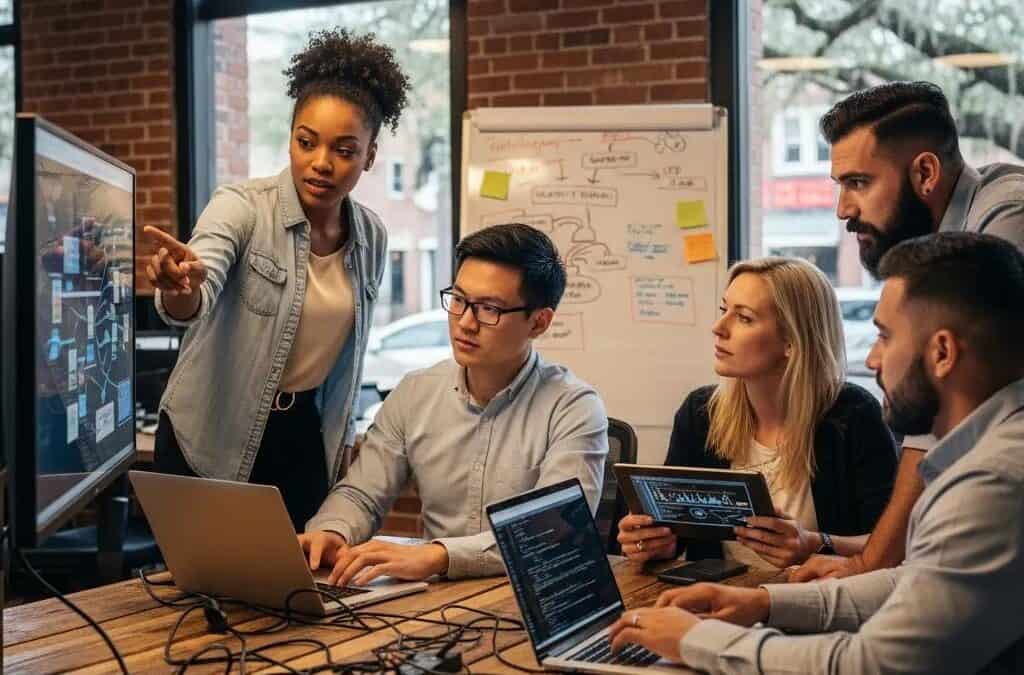 Small business IT team collaborating on network security solutions in Baton Rouge