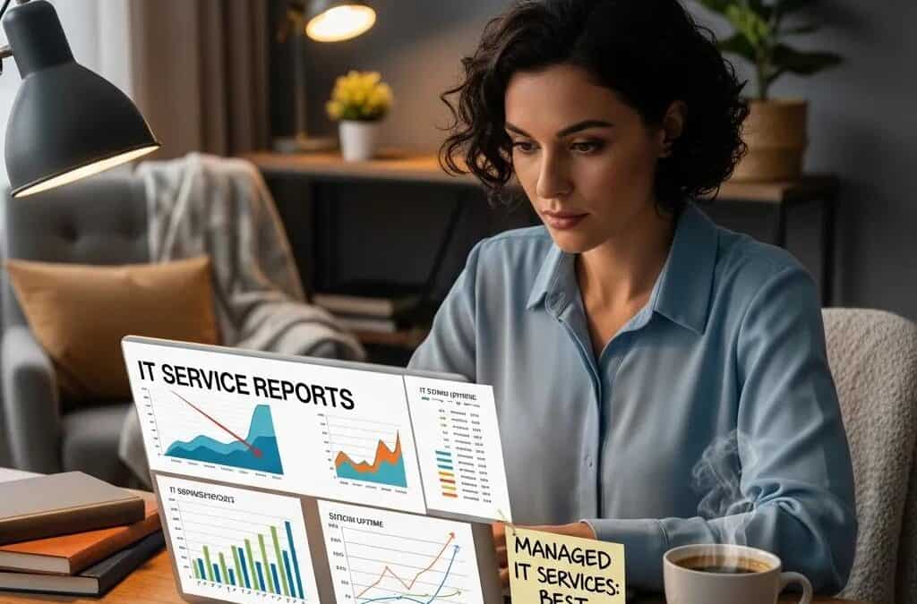 Small business owner analyzing IT service benefits on a laptop