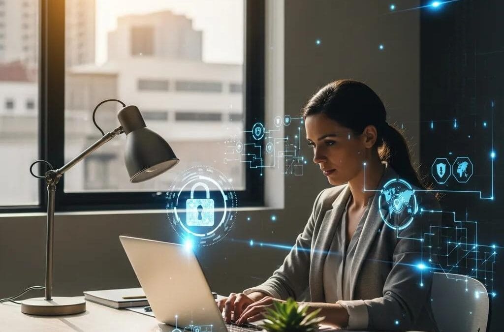 Small business owner in Baton Rouge working on cybersecurity strategies with digital security elements