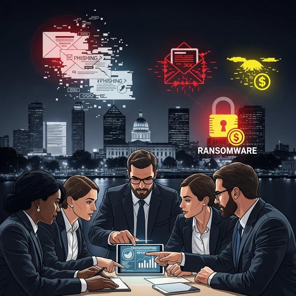 Employees discussing cybersecurity threats with visual representations of phishing and ransomware