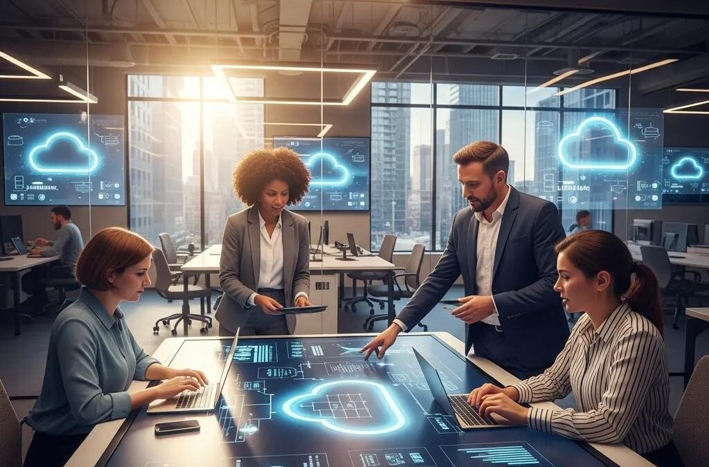 Modern office collaboration showcasing cloud computing technology and diverse professionals