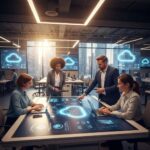 Modern office collaboration showcasing cloud computing technology and diverse professionals