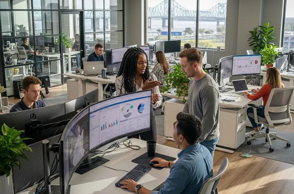 Team collaboration in a Baton Rouge office with modern IT equipment