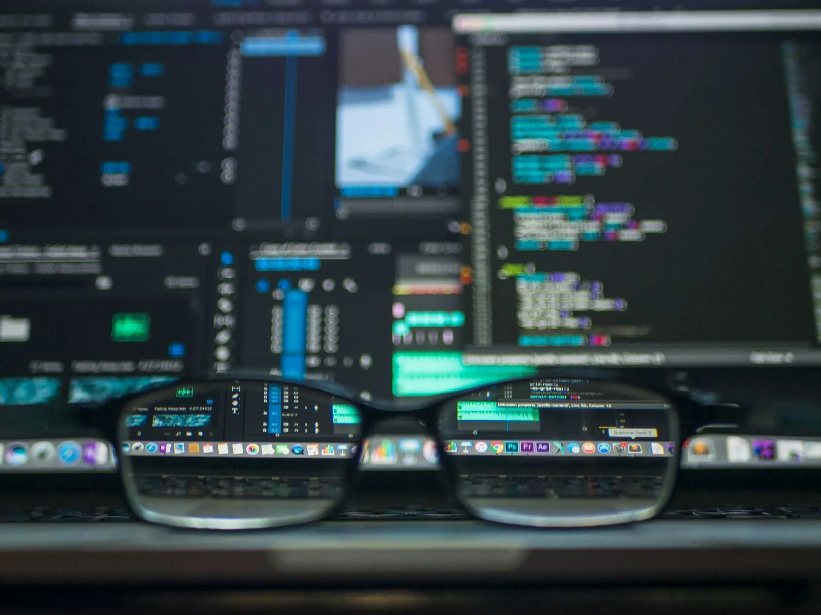 Glasses resting in front of a monitor showing code