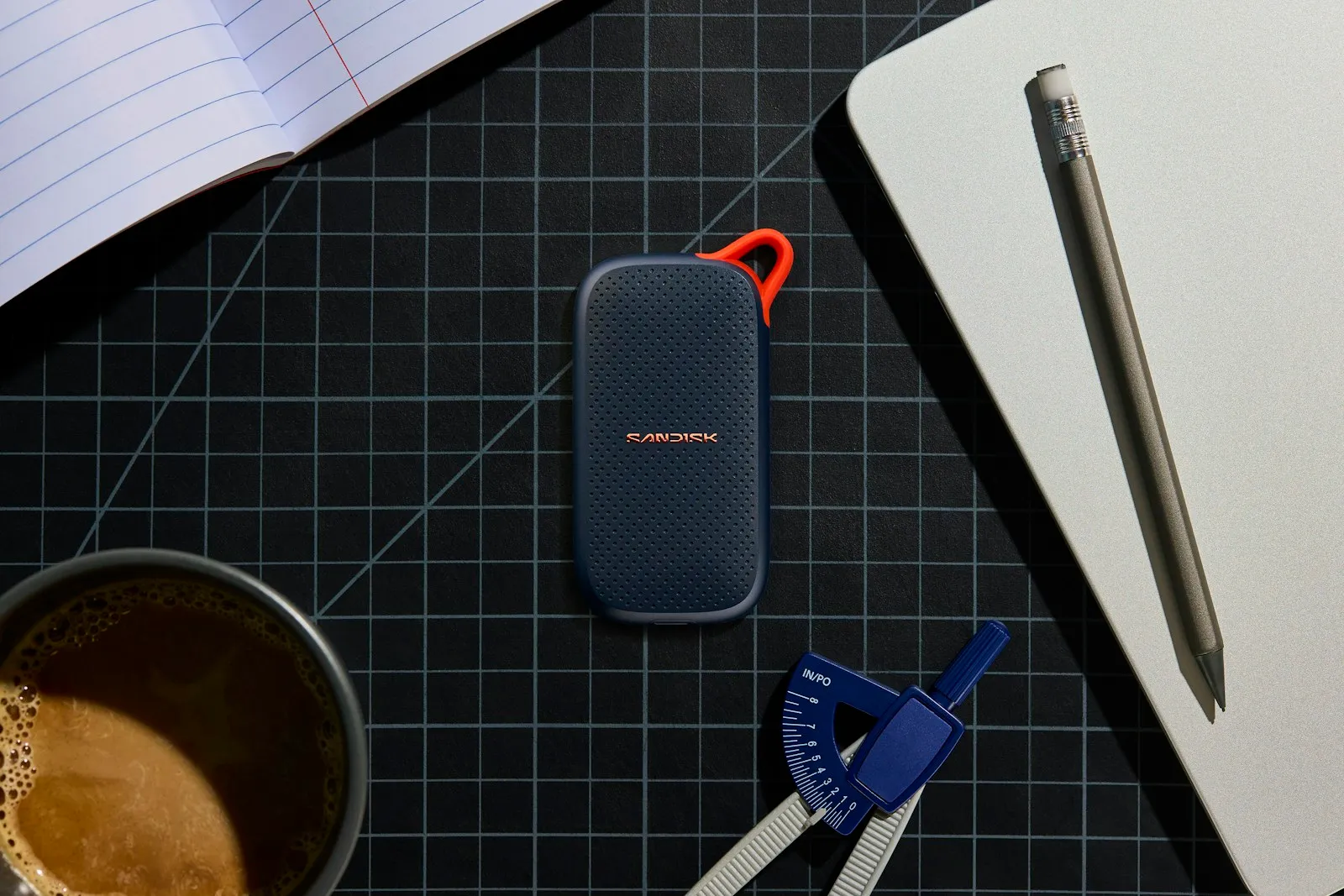 Portable external drive on a desk