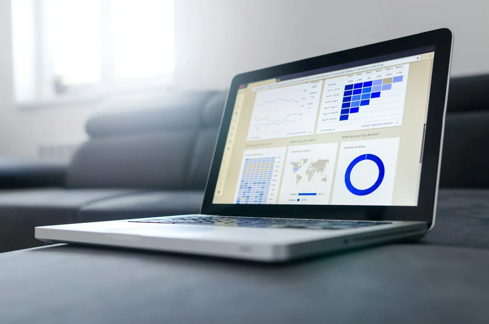 Laptop showing charts on a desk
