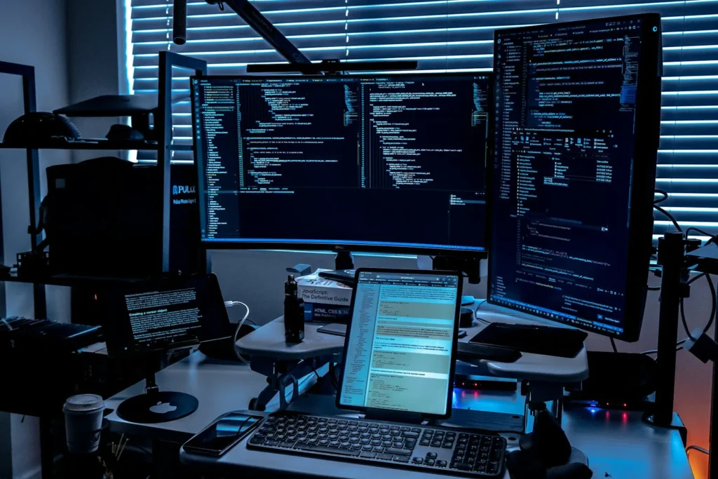 Security analyst working at a desk with several monitors showing code