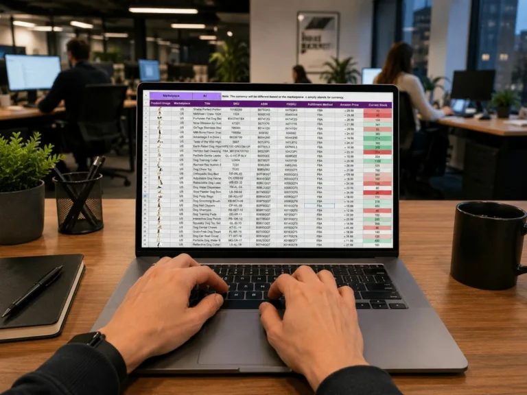 A person reviewing a spreadsheet of customer records on a laptop at an office desk