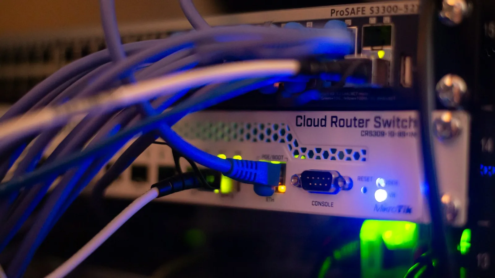 Network switch with blue cables plugged in