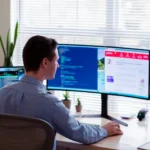 IT technician reviewing monitoring dashboards on multiple screens