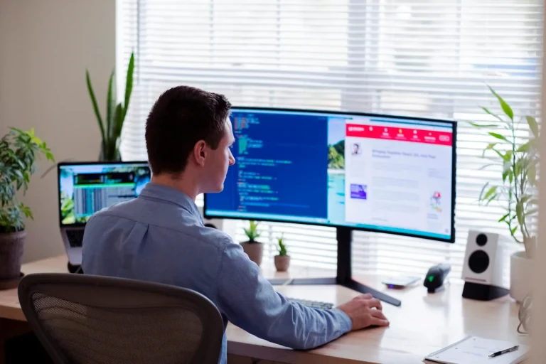 IT technician reviewing monitoring dashboards on multiple screens