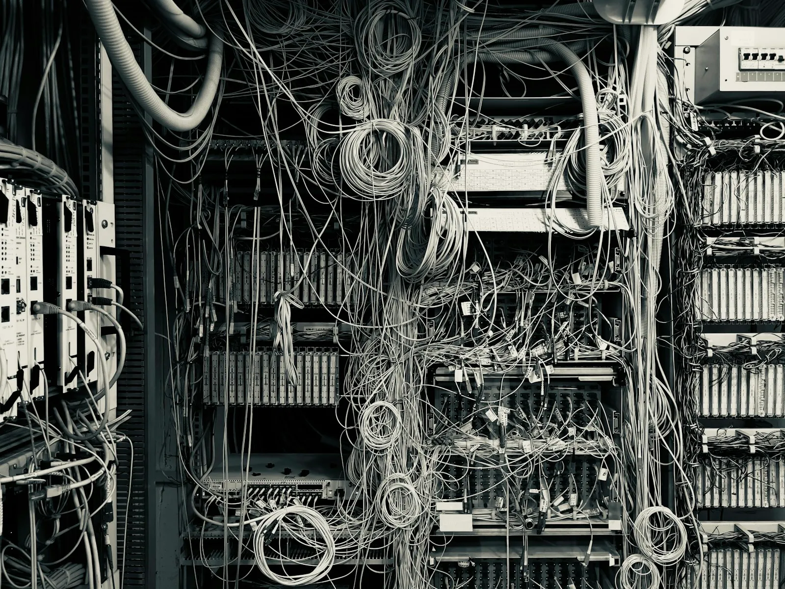 Tangle of network cables in a wiring closet