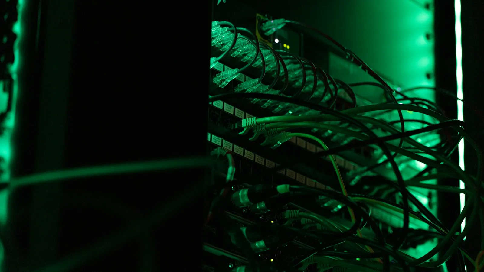Server cabling lit with green light