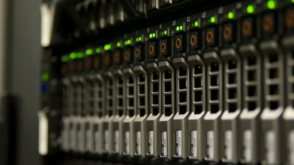 Front of rack-mounted servers with green status lights