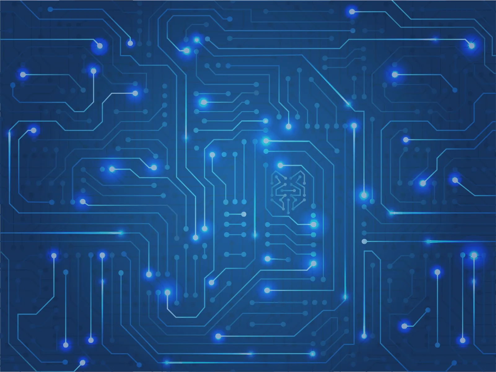 Glowing blue circuit board pattern with the Wahaya logo mark at its center